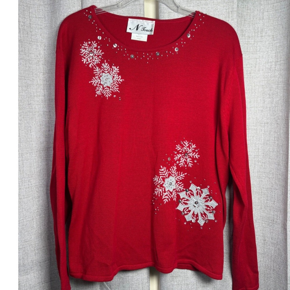 N Touch Womens Red Snowflake Rhinestone Christmas Sweater Size L Holiday Knit